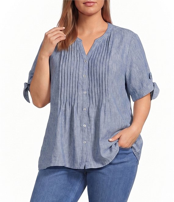 Allison Daley Plus Size Short Tie Sleeve Button Front Y-Neck Top