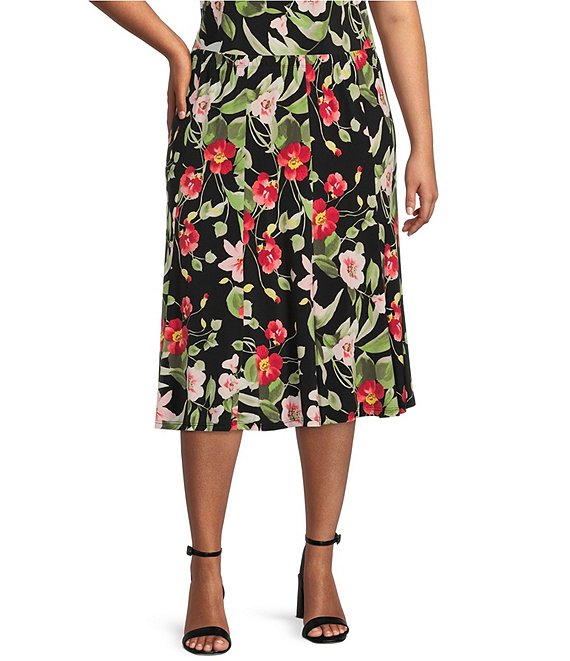Allison Daley Plus Size Tropical Lily Print Pull-On Coordinating A-Line Skirt