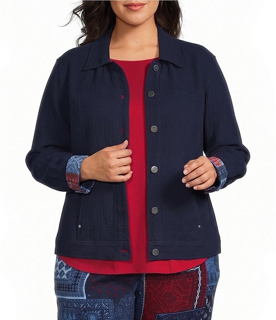 Allison Daley Plus Size True Navy Bandana Long Sleeve Button Front Soft Jacket