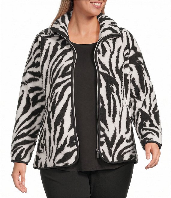 Allison Daley Plus Size Zebra Print Long Sleeve Point Collar Sherpa Jacket