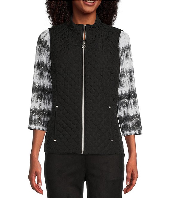 Color:Black - Image 1 - Quilted Woven Mandarin Collar Zip Front Vest