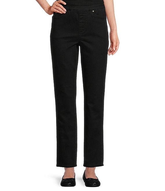 Color:Black - Image 1 - Straight Leg Stretch Denim Pull-On Jeans