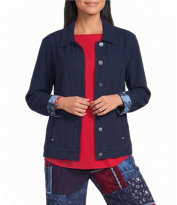 Allison Daley True Navy Bandana Long Sleeve Button Front Soft Jacket