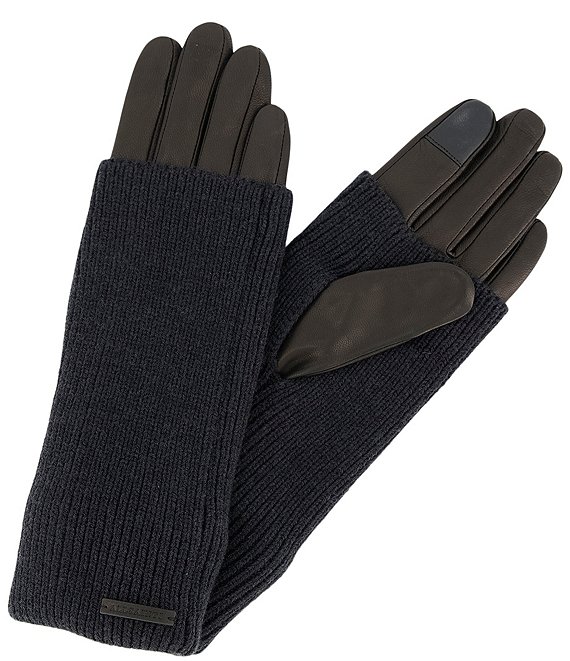 Color:Black - Image 1 - Leather Ribbed Cuff Glove