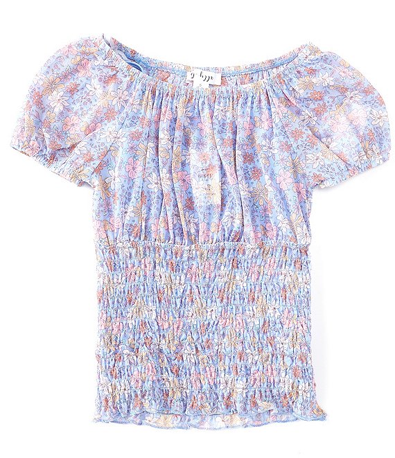Ally B Big Girls 7-16 Puff Short Sleeve Smocked Bodice Scoop Neck Floral Print Mesh Peasant Top