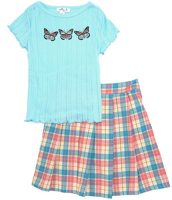 Ally B Big Girls 7-16 Short-Sleeve Solid Butterfly-Screenprint Tee & Plaid Pleated Skirt Set