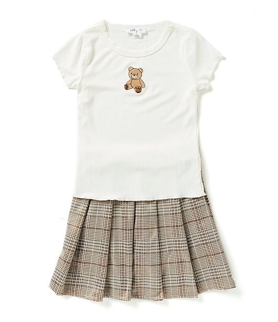 Ally B Big Girls 7-16 Short Sleeve Teddy Bear Embroidered Tee & Plaid  Pleated Skirt Set