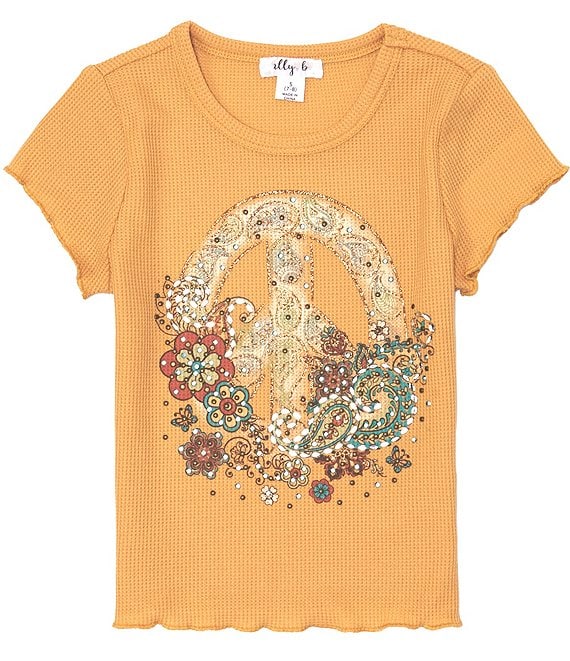 Ally B Big Girls 7-16 Short Sleeve Thermal Peace Sign Screen/HS Top