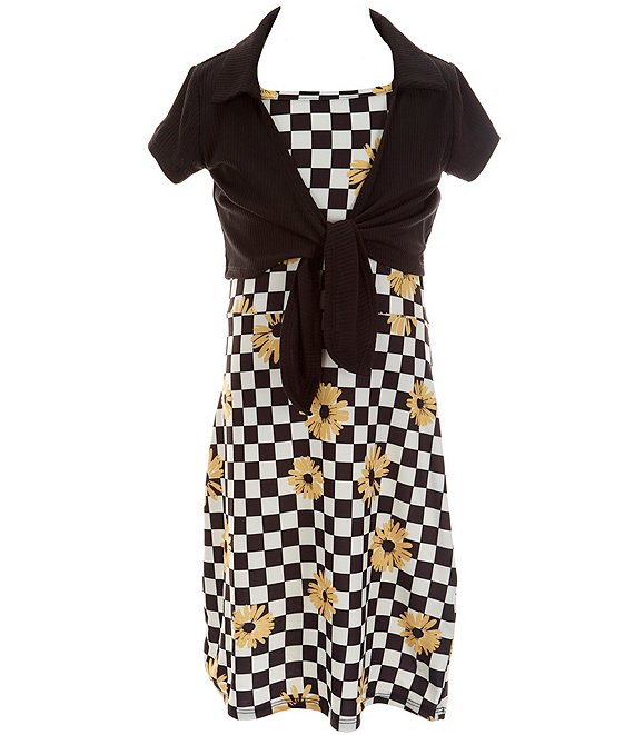Ally B Big Girls 7-16 Short-Sleeve Tie-Front Shrug & Checkered/Daisy-Printed Dress