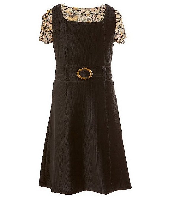 Color:Black - Image 1 - Big Girls 7-16 Sleeveless Corduroy Jumper Dress & Short-Sleeve Floral-Printed Mesh Tee