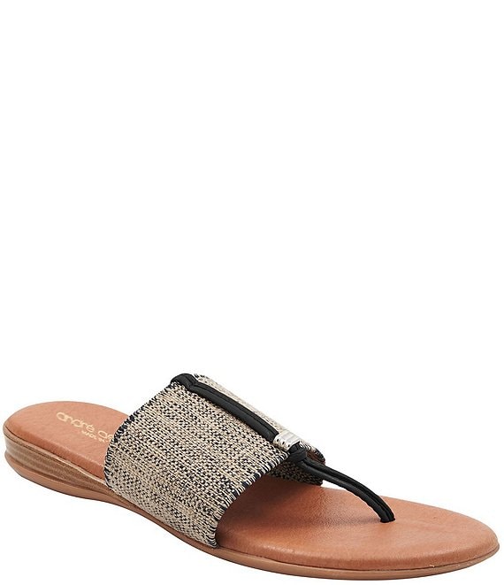Color:Black/Beige Linen - Image 1 - Nice Slip-On Linen Thong Sandals