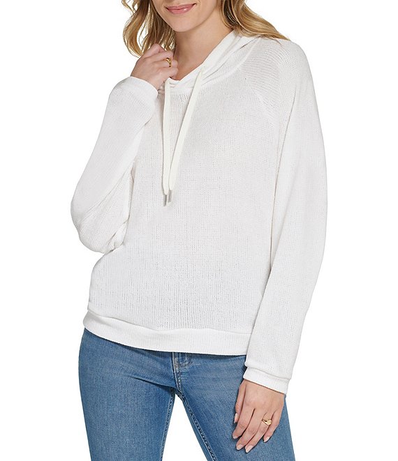 Color:Ivory - Image 1 - Chenille Knit Drawstring Neck Long Sleeve Hoodie