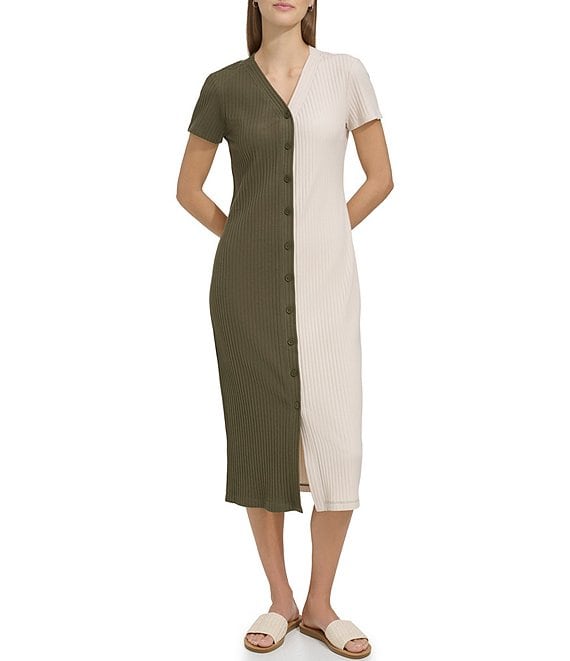 Andrew Marc Sport Ribbed Short Sleeve V Neck Wide Rib Color Block Button Front Midi Dress Dillard s