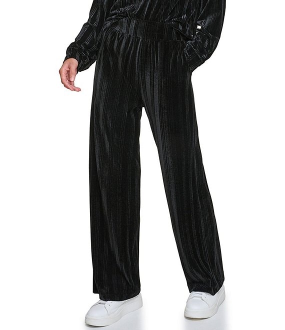 Color:Black - Image 1 - Solid Velvet Ribbed High Waist Wide Leg Coordinating Pull-On Pants