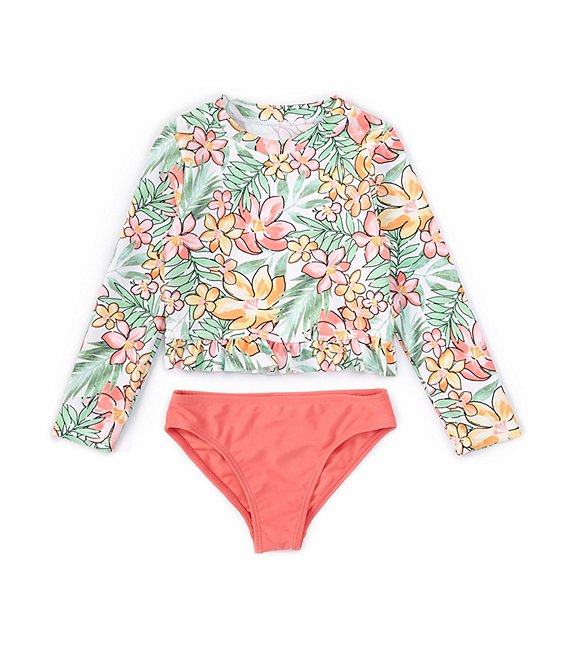 Angel Beach Little Girls 4-6X Long-Sleeve Floral-Printed Rashguard Swim Top  & Solid Hipster Bottom 2-Piece Set