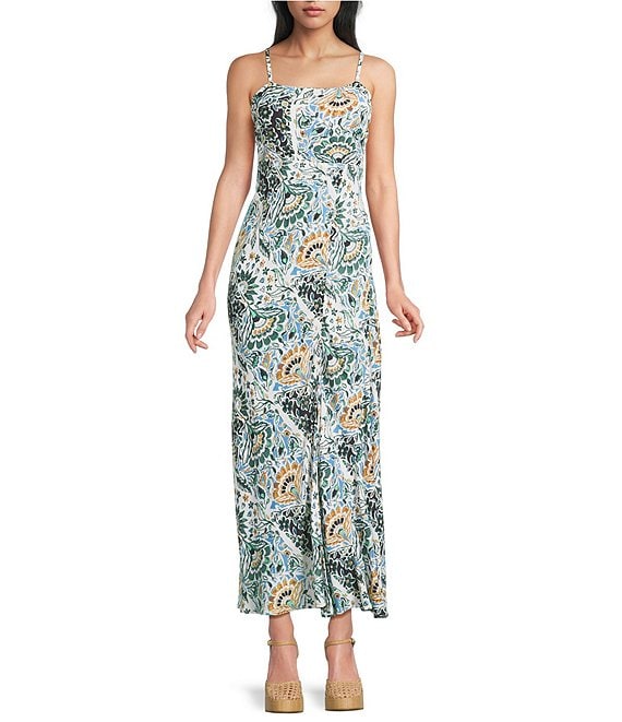 Angie -Printed Square Neck Lace Up Back Front Slit Midi Dress