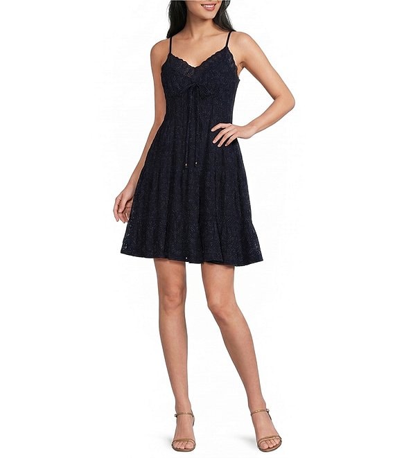 Angie Eyelet Tie Front Lace Trim Tiered Dress