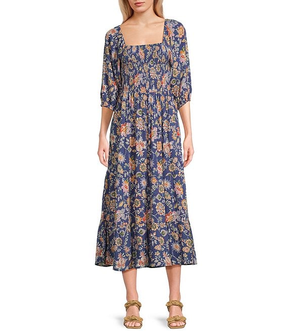Angie Floral Print 3/4 Sleeve Smocked Midi Dress | Dillard's