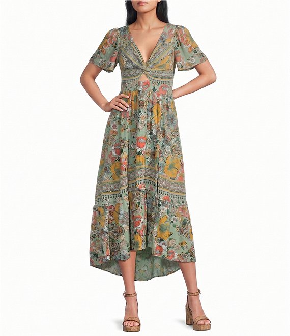 Angie Floral Printed Deep V-Neck Flutter Sleeve High Low Dress