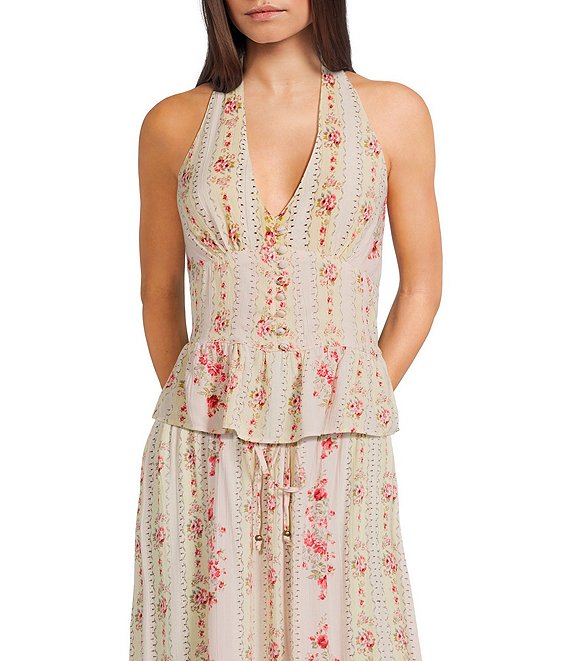 Angie Floral Printed Halter V-Neck Button Front Top