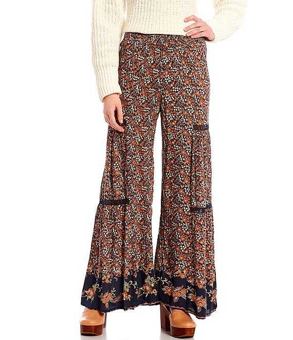 Angie Floral Wide Leg Pants with Lace Inserts