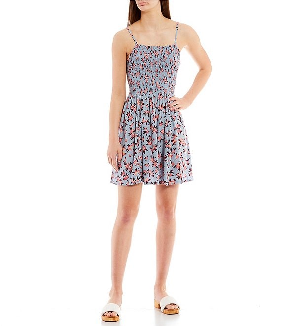Color:Cornflower - Image 1 - Printed Sleeveless Smocked Skater Dress