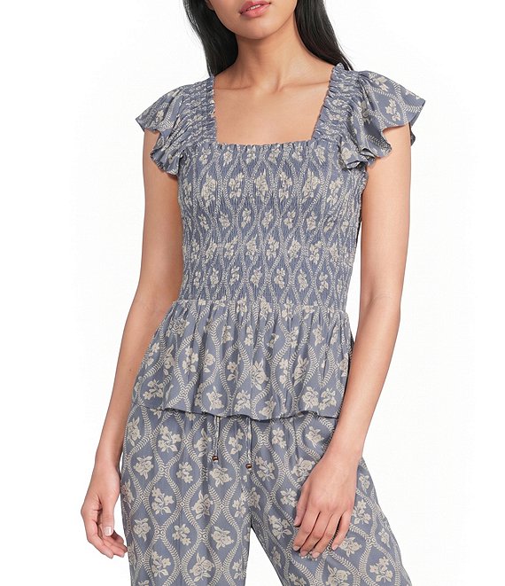 Angie Printed Smocked Square Neck Ruffle Sleeve Cropped Top