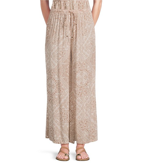 Angie Printed Tie Front Drawstring Wide Leg Coordinating Pants