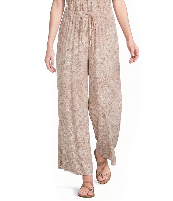 Angie Printed Tie Front Drawstring Wide Leg Coordinating Pants