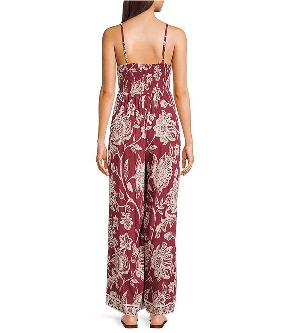 Angie Sleeveless Border Print Keyhole Knot Front Wide Leg Jumpsuit