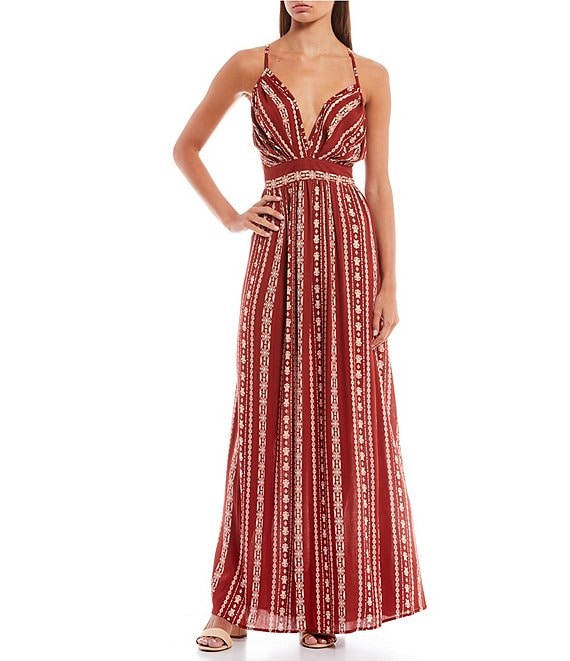 Color:Cinnamon - Image 1 - Sleeveless Linear-Wallpaper-Printed Long A-Line Dress