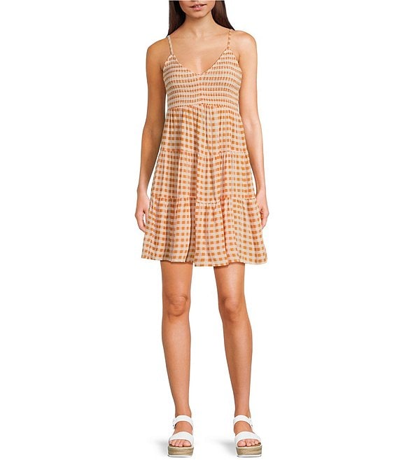 Angie Sleeveless V-Neck Smocked Bodice Gingham Tiered Babydoll Dress, Tan - Image 1