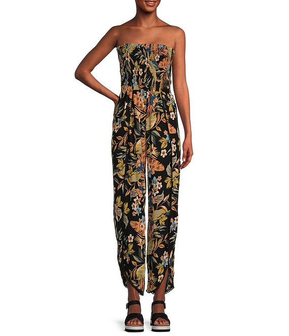 Angie Smocked Strapless Split Tropical Floral Jumpsuit | Dillard's