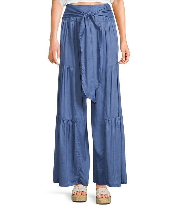 Angie Solid Tiered Tie Front Smocked Wide Leg Pants