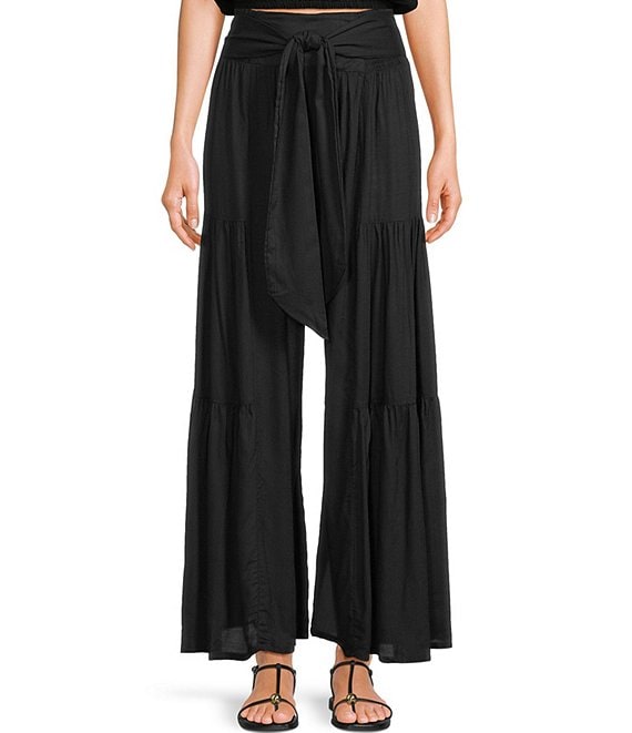 Angie Solid Tiered Tie Front Smocked Wide Leg Pants