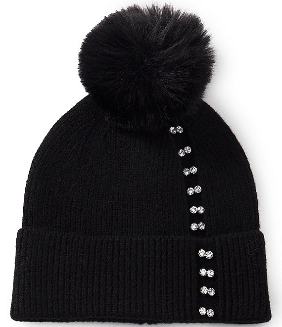 Anna & Ava Linear Rhinestone Faux Fur Pom Beanie