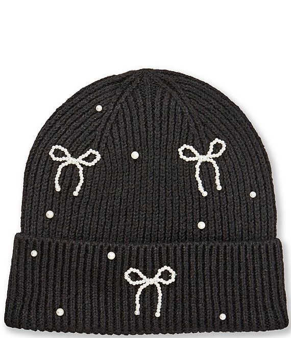 Anna & Ava Pearl Bow Knit Beanie, Black - Image 1