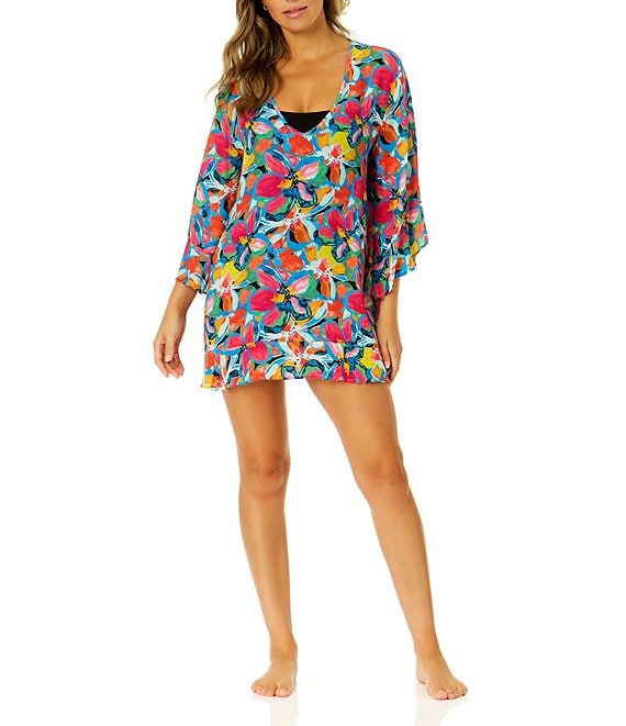 Anne Cole Amalfi Floral Print Crinkle Flounce Sleeve Swim Cover-Up ...