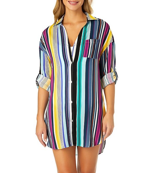 Anne Cole Barcode Multi Color Stripe Point Collar Roll-Tab Button Front Shirt Dress Swim Cover-Up, Multi Color - Image 1