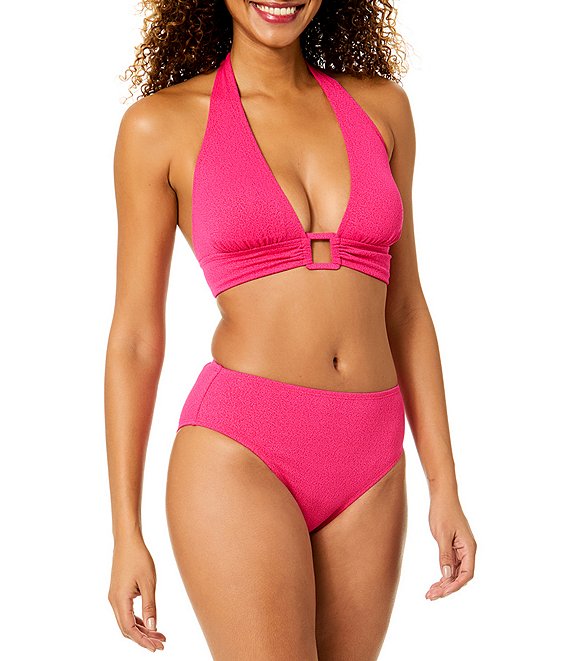 Anne Cole Orchid Solid Crepe Texture Front Ring Halter Swim Top & Mid Rise Hipster Swim Bottom