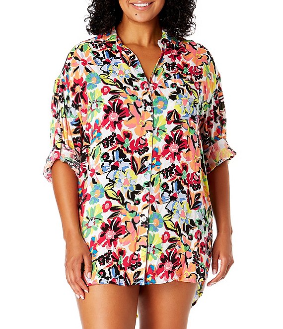 Anne Cole Plus Size Sun Blossom Floral Print Point Collar Neck Button Front Swim Cover Up Boyfriend Shirt Dillard s