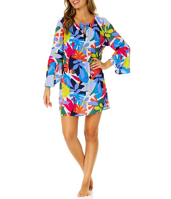 Anne Cole Tropic Stamp Crinkle Bell Sleeve Swim Cover-Up Tunic | Dillard's