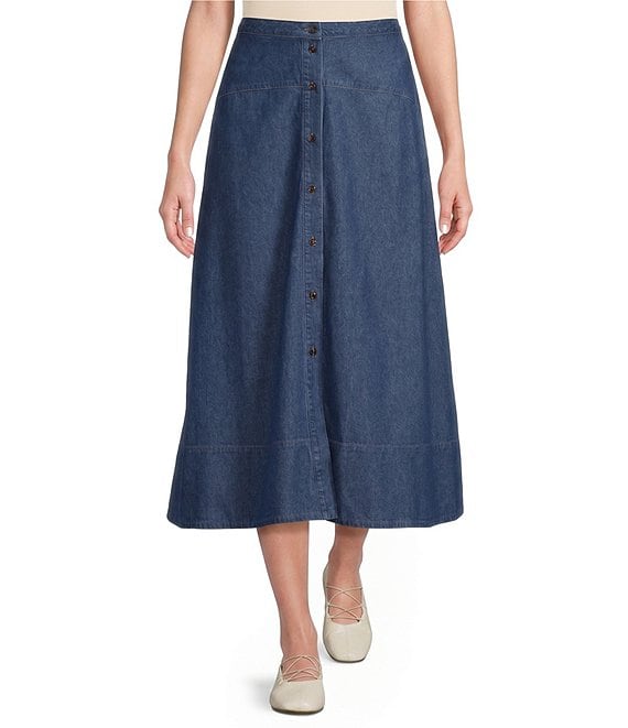 Anne Klein Button Front Midi Denim Skirt