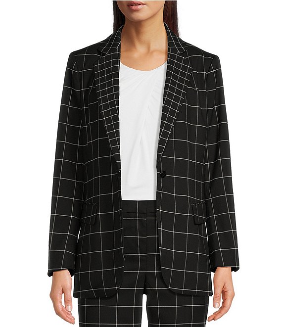 Anne Klein Checked Crepe Woven Printed Notch Lapel Collar Flap Pocket ...