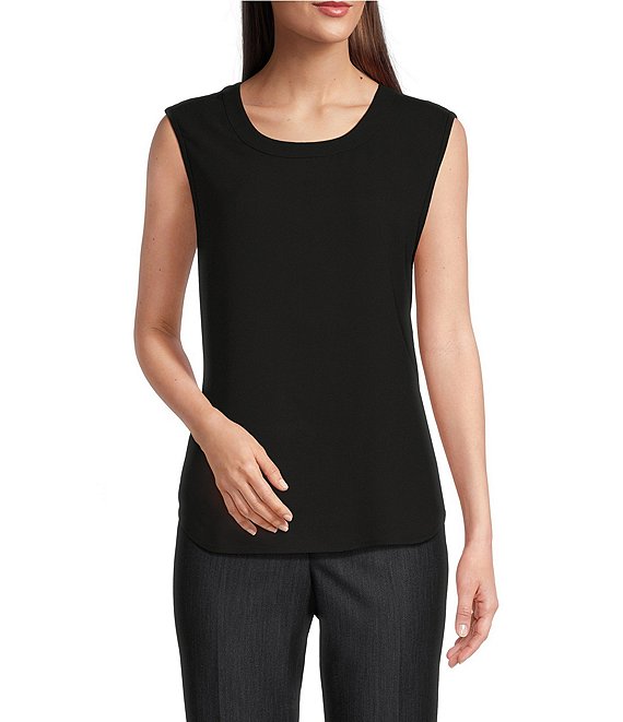 Color:Black - Image 1 - Crepe de Chine Scoop Neck Sleeveless Solid Shell