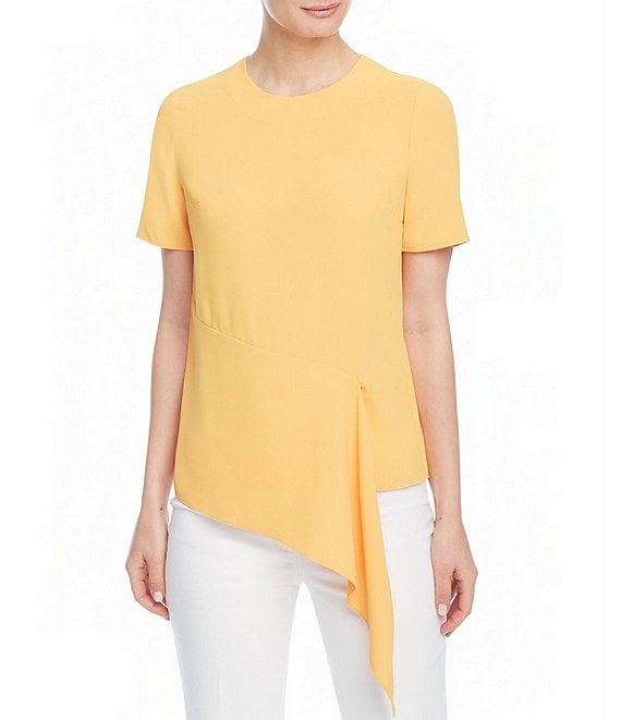 Color:Mondrian Yellow - Image 1 - Crepe de Chine Short Sleeve Crew Neck Asymmetrical Hem Blouse