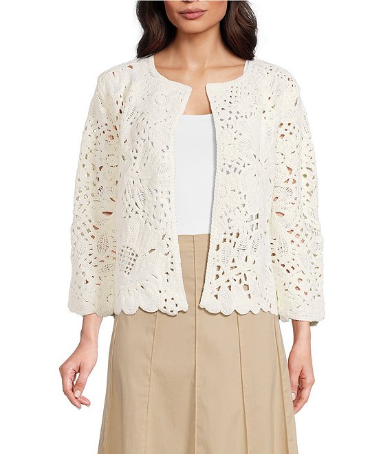 Anne Klein Crochet Floral Pull On Cardigan