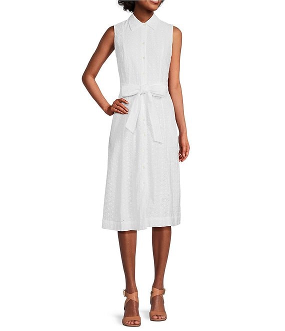 Anne Klein Diane Eyelet Fit and Flare Button Down Midi Belted Shirt Dress