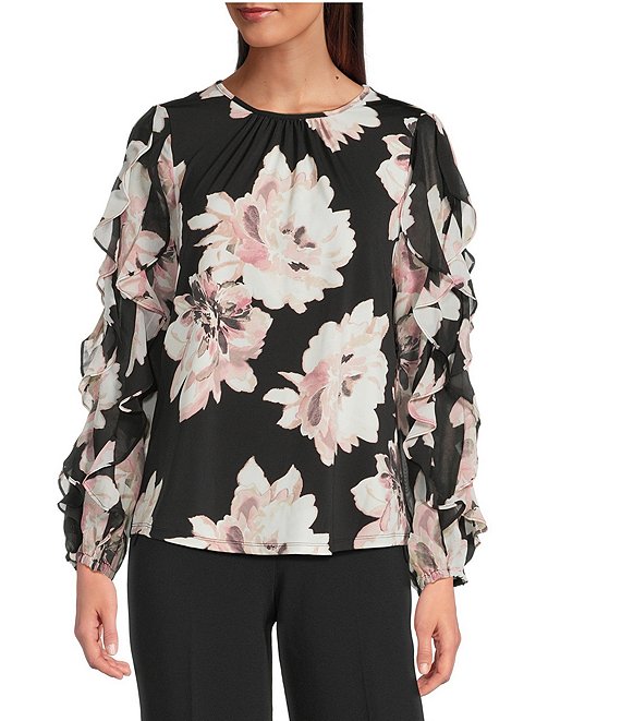 Anne Klein Floral Print Long Sleeve Chiffon Blouse