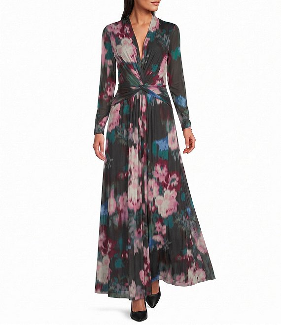 Anne Klein Floral Print Long Sleeve Front Twist Mesh Dress